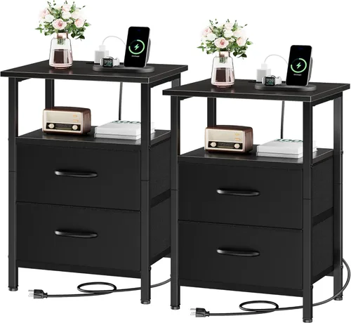Vista 22 de Vagusicc Nightstand with Charging Station, End Table Bedside Table with 2 Fabric Drawers, Black Night Stand with USB Ports & Outlets, 24.2" Tall Bed