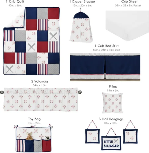 Vista 2 de Sweet Jojo Designs Juego de ropa de cama para cuna de bebé de 11 piezas (parche deportivo de béisbol) para niños, bebés/guardería, incluye manta