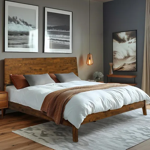 Vista 3 de Acacia Serenity - Base de cama con cabecero de madera maciza, base de cama Queen, cabecera alta de madera compatible con todo tipo de colchones,