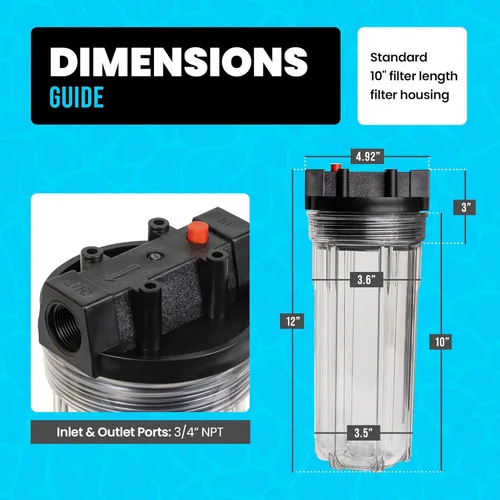 Vista 3 de Sistema de filtro de agua fría, carcasa de 10 pulgadas con puertos NPT de 3/4 pulgadas, filtros plisados de 1 × 50 micrones, kit de montaje y llave