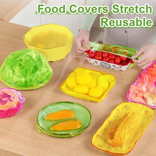 Vista 3 de Mwellewm Fundas elásticas de plástico para almacenamiento de alimentos, fundas reutilizables para alimentos, envoltura Saran, bolsas elásticas