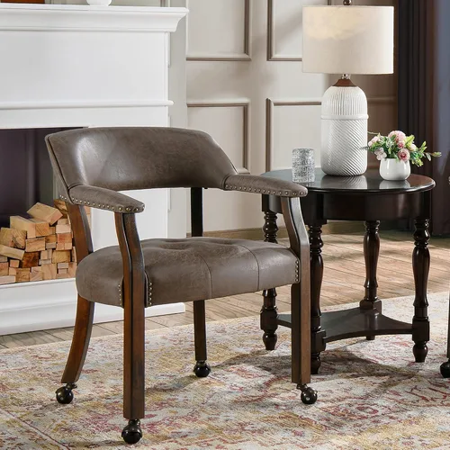 Vista 14 de Silla de comedor con ruedas y brazos, sillas de póker de PU, gris antiguo