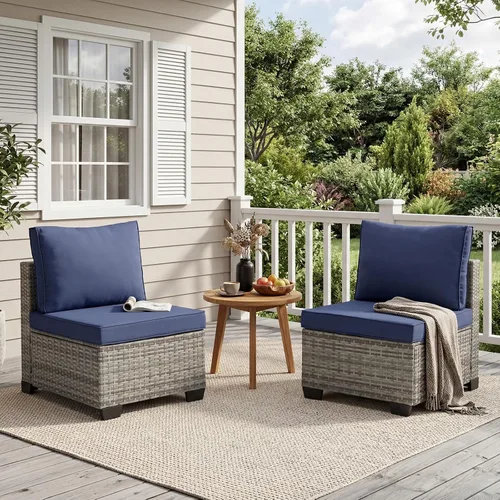 Vista 28 de ANJ Juego de muebles de mimbre para patio de 3 piezas, sofá modular de dos plazas con mesa de centro de cristal, juego de sofá de conversación
