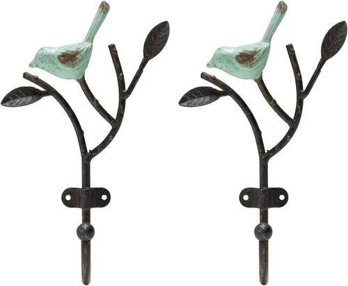 Vista 10 de SOFFEE DESIGN Perchero vintage de pared con 3 ganchos, pájaros de pie en rama de árbol con pintura rústica, resistente soporte para llaves