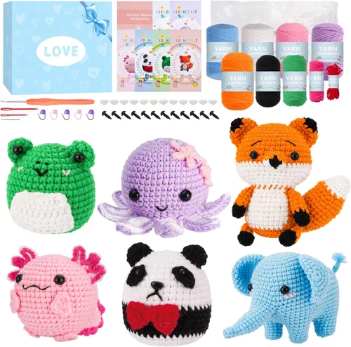 Vista 9 de Gerute Kit de ganchillo de 6 piezas para principiantes, kit de ganchillo de animales con video tutorial paso a paso, kit de ganchillo