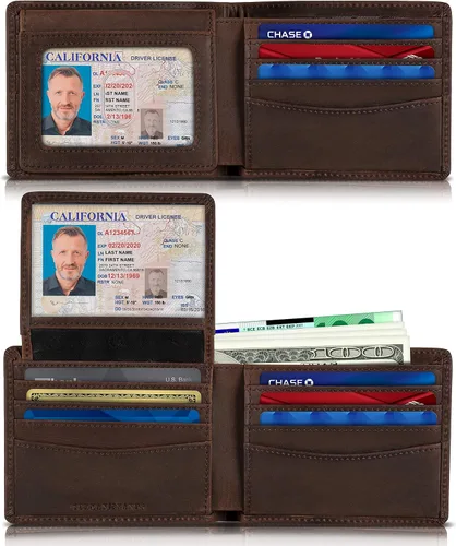 Vista 12 de SERMAN BRANDS Billetera de piel con 2 ventanas de identificación para hombre, con bloqueo RFID, doble tapa superior, billetera de viaje de capacidad