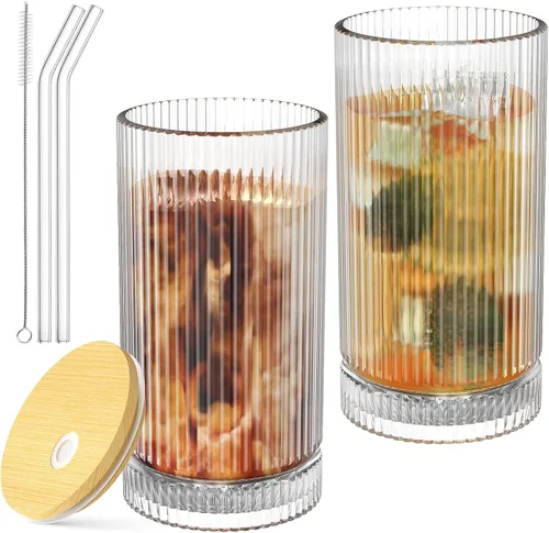 Vista 9 de CWHHRN Vasos de vidrio de 15 onzas con pajitas, cristalería vintage para whisky, cóctel, cerveza, tazas de café helado y vasos para beber