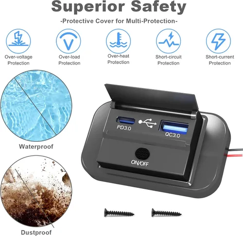 Vista 4 de Vadaxx 2 salidas USB RV de 12 V con interruptor de alimentación, 54 W Dual PD3.0 Tipo-C y carga rápida QC3.0 USB-A Panel de montaje en pared