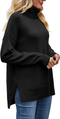 Vista 3 de XIEERDUO Suéteres de cuello alto para mujer, de gran tamaño, con abertura lateral, dobladillo alto y bajo, tallas S-3XL