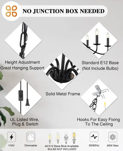 Vista 7 de LASENCHOO Lámpara de araña con enchufe negra de 6 luces Lámpara colgante con enchufe Luces colgantes con cable de enchufe de 15.1 pies