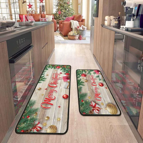 Vista 13 de 2 Piezas Alfombras y Tapetes de Cocina de Navidad para Piso con Base Antideslizante Tapete Feliz Navidad Decoración de Cocina Anti Fatiga