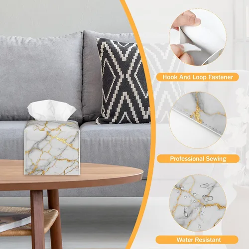 Vista 3 de Caja de pañuelos cuadrada de mármol negro y blanco y dorado, 2 unidades, organizador de servilletas para dormitorio, oficina, baño, decoración