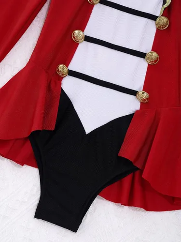 Vista 6 de Fldy Disfraz de maestro de anillo de circo para niñas y niñas vestido de danza de Papá Noel manga larga leotardo de borla
