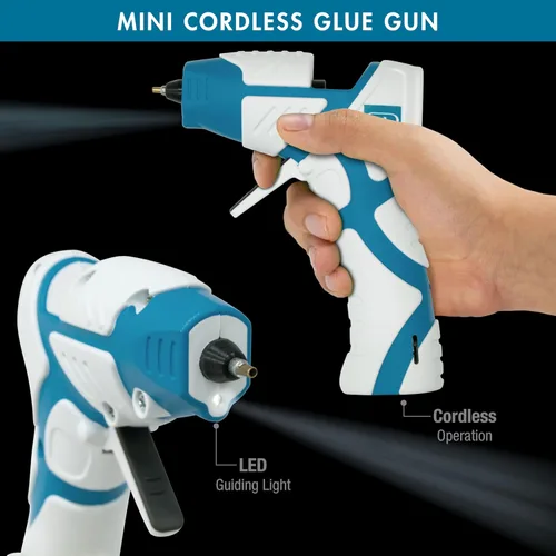 Vista 4 de Mini pistola de pegamento caliente inalámbrica Boquilla de precisión antigoteo con luz de guía LED USB-C recargable azul/blanco