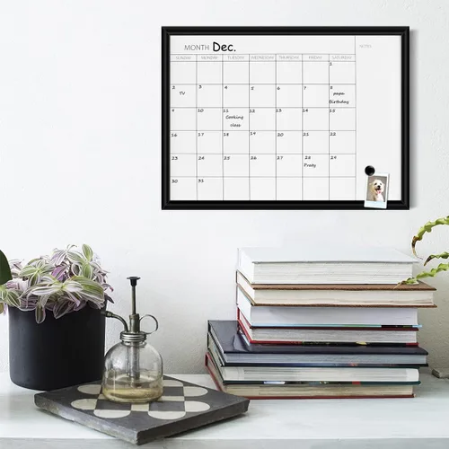 Vista 4 de TORASO Pizarra blanca de borrado en seco y calendario mensual, marco negro, tablero de planificación de tamaño pequeño para oficina, escuela