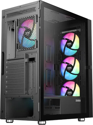 Vista 9 de SAMA 3509 ATX Mid Tower PC Case - Malla frontal de acero, panel lateral de vidrio templado con bisagras, 4 ventiladores ARGB preinstalados, USB 3.0