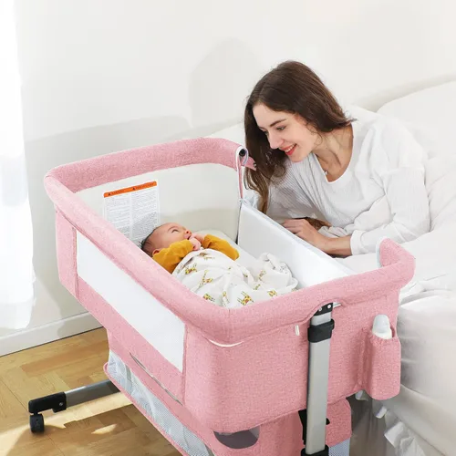 Vista 13 de Ihoming Moisés para bebé, cuna lateral con cesta de almacenamiento, cuna plegable fácil, cama ajustable para bebé recién nacido, gris