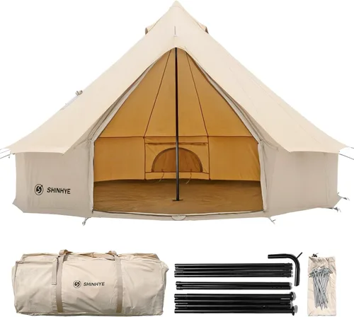 Vista 9 de ShinHye Tienda de campaña de lona para yurtas, 4 estaciones, para camping, 100% algodón, tiendas de campaña glamping con gato de estufa, camping
