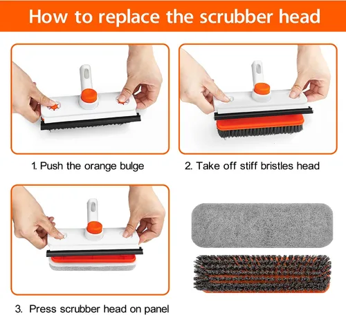 Vista 6 de Cepillo de limpieza de suelo con mango largo, cepillo extensible 3 en 1 para raspar cerdas rígidas, cepillo de ducha de 60 pulgadas con escobilla