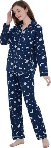 Vista 3 de GLOBAL Conjunto de pijama de franela para mujer, 100% algodón, pijama de manga larga con botones, ropa de descanso cálida