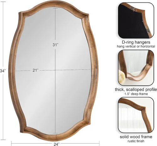 Vista 2 de Kate and Laurel Hatherleigh Espejo de pared ovalado festoneado de transición; 24 x 34; marrón rústico; espejo rectangular decorativo de madera