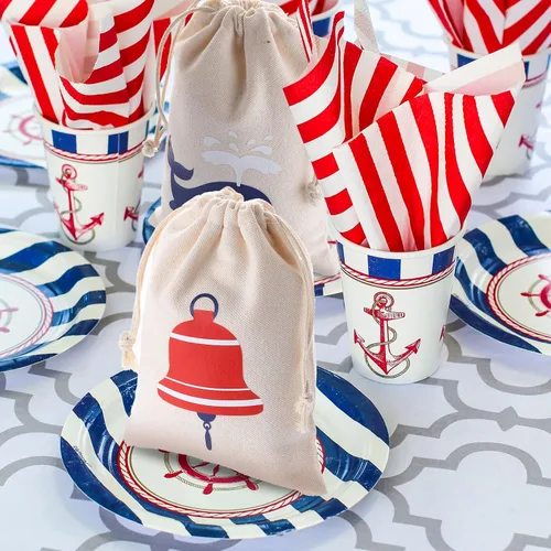 Vista 4 de Shellwei Paquete de 24 bolsas de regalo náuticas de algodón con cordón de anclaje náutico, bolsas temáticas de regalo de 7 x 5 pulgadas para niños