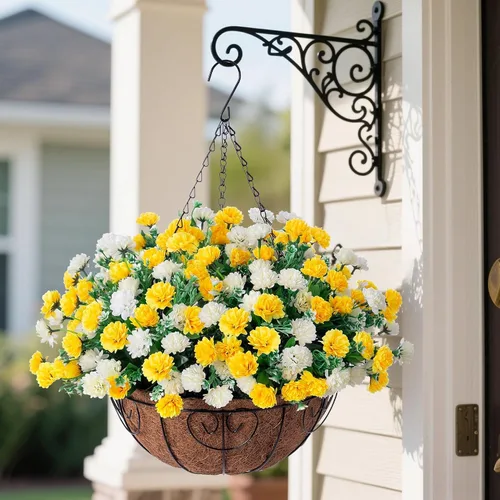 Vista 2 de Cesta de flores artificiales colgantes para decoración de primavera al aire libre, flores falsas de seda resistentes a los rayos UV, margaritas