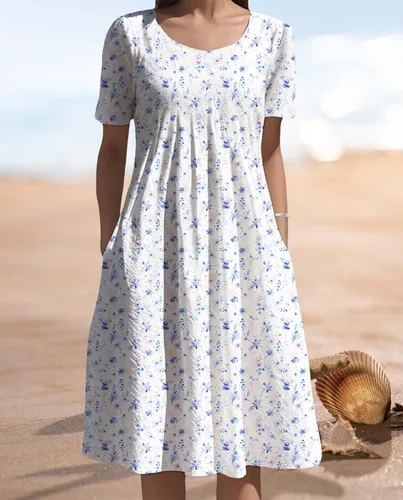 Vista 6 de Vestidos bohemios para mujer, estampado floral, manga corta, cuello redondo, talla grande, vestido de vacaciones con bolsillos para verano 2025