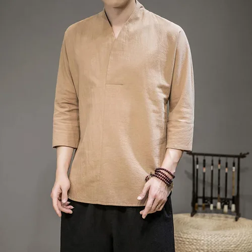 Vista 2 de Camiseta de manga corta de lino sólido con cuello en V para hombre, casual, holgada, ajustada, cómoda