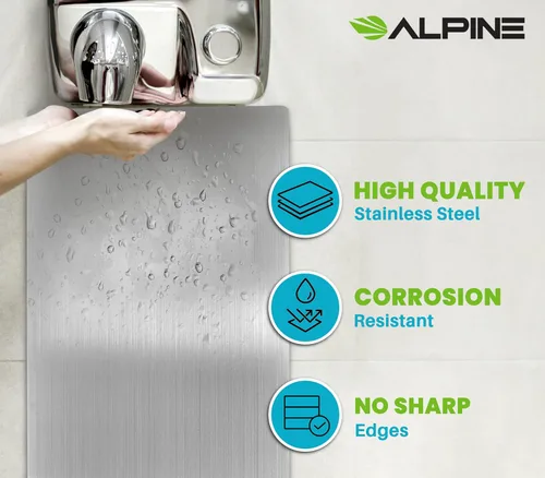 Vista 7 de Alpine - Protector de pared para secador de manos de acero inoxidable para baño, cocina y oficina con adhesivo 3M resistente, fácil de limpiar