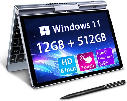 Vista 9 de Mini portátil de 8 pulgadas 2 en 1, computadora portátil Win 11, Intel N150 (hasta 3.6 GHz), 12 GB de RAM 1 TB SSD, pantalla táctil HD, teclado
