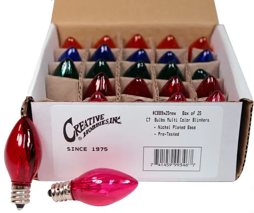 Vista 5 de Creative Hobbies® Caja de 25 bombillas parpadeantes transparentes, base de candelabro C7, parpadeo aleatorio, ideal para luces nocturnas y cuerdas