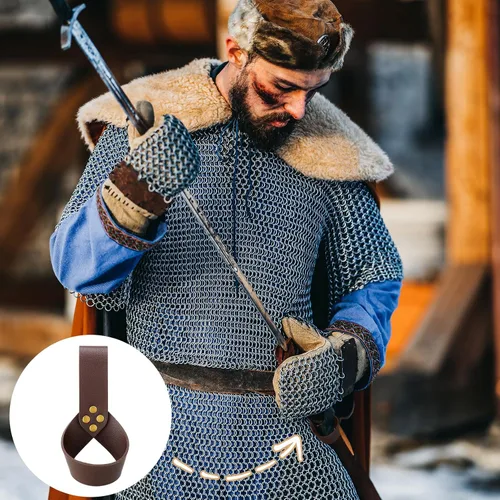 Vista 6 de Juego de 3 piezas de cinturón vikingo medieval renacentista para hombre, de piel sintética en relieve, para Halloween, caballero, guerrero, pirata
