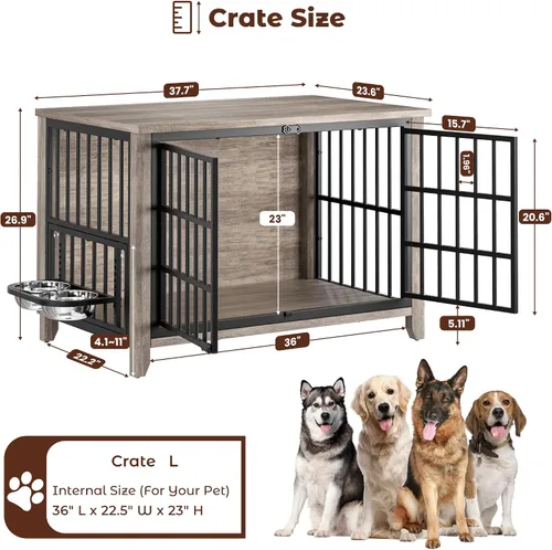 Vista 11 de Lulive Muebles para jaula para perros, 37.8 pulgadas de largo x 23.6 pulgadas de ancho x 27 pulgadas de alto, gris