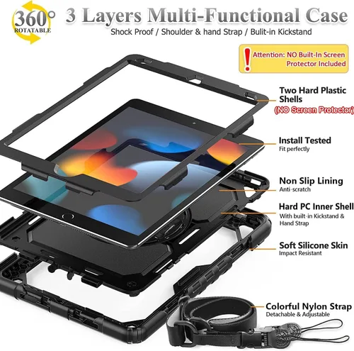 Vista 3 de BMOUO Funda para iPad de 9ª/8ª/7ª generación de 10.2", a prueba de golpes con soporte giratorio de 360°, correa de hombro y mano, funda para iPad