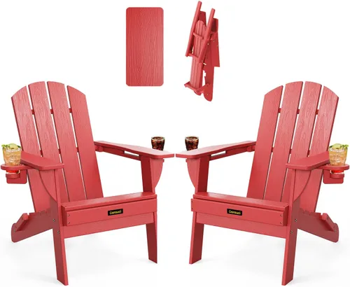 Vista 24 de Silla Adirondack Plegable, Sillas Adirondack de Plástico con Textura de Madera con 2 Portavasos, Silla para Hoguera de HDPE Resistente a