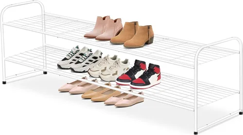 Vista 11 de AOODA Zapatero largo de 2 niveles para armario, organizador de almacenamiento de zapatos apilable de metal para entrada, dormitorio, piso, 18 pares