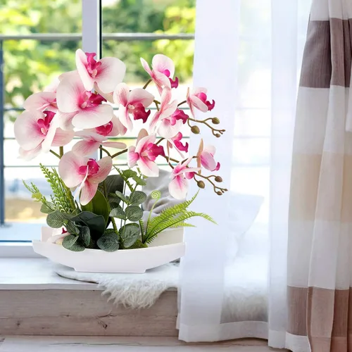 Vista 9 de YOBANSA - Orquídeas artificiales de seda estilo bonsai con maceta arreglos artificiales ideales para la decoración del hogar.