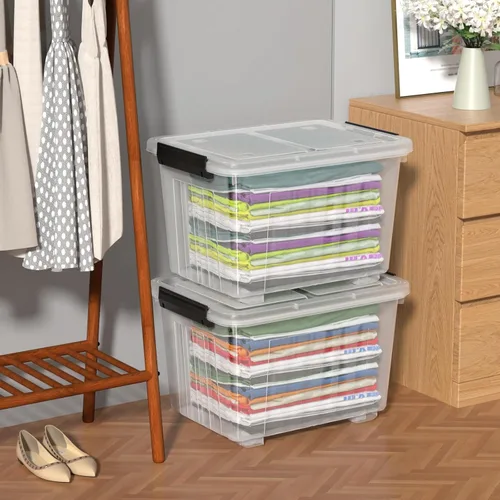 Vista 5 de Kiddream Cajas de plástico transparente de 50 cuartos de galón con ruedas, contenedores de almacenamiento grandes con tapas, juego de 4