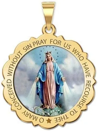 Vista 5 de Picturesongold.com Collar con medalla milagrosa católica Virgen María, colgante redondo para mujeres y hombres, hecho en oro amarillo o blanco de 10