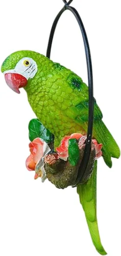 Vista 9 de Estatua de pájaro colgante, estatua colgante de perca de pájaro, anillo redondo, escultura de loro, figura de guacamayo para patio, verde, escultura