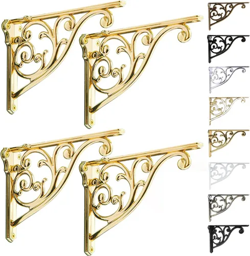 Vista 60 de Soportes de estante de 4 pulgadas, paquete de 4 soportes de pared de latón antiguo de alta resistencia, estantes decorativos de cocina victoriana