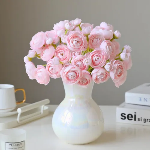 Vista 6 de ASTRYAS Ranunculus Flores artificiales, 18 piezas de seda sintética de color rubor, mini ranúnculo, flores falsas para relleno de boda para ramos