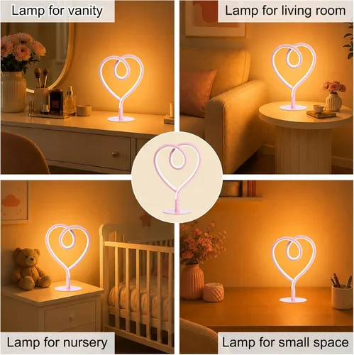 Vista 2 de Lámpara de Mesa Rosa, Lámpara de Escritorio Corazón Ajustable Sin Escalas 3CCT 2700K/4000K/6500K con Adaptador USB, Pequeña Lámpara de Noche