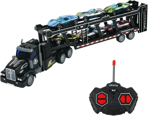 Vista 9 de Camión transportador de automóviles a control remoto incluye 6 coches, 14 pulgadas 1:48 de juguete transportador de automóviles semirremolque