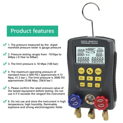 Vista 3 de Manómetro digital universal HVAC – Probador de presión y temperatura de vacío de alta precisión con agarre cómodo inteligente para sistemas de aire