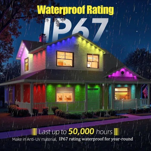 Vista 5 de Luces permanentes para exteriores, 50 pies, RGB+IC alero para casa IP67 Waterproof Smart LED Outdoor Lights with 16M Colors, App/Remote Control