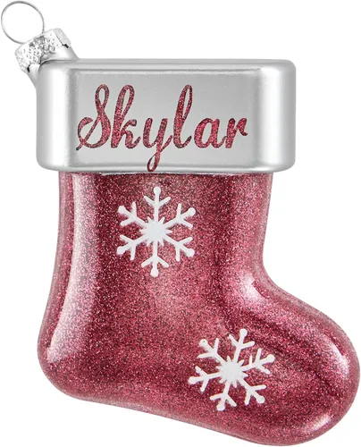 Vista 16 de Let's Make Memories Adorno de Navidad personalizado, cristal con forma de calcetín con purpurina, nombre grabado con láser, tono de joya, adorno
