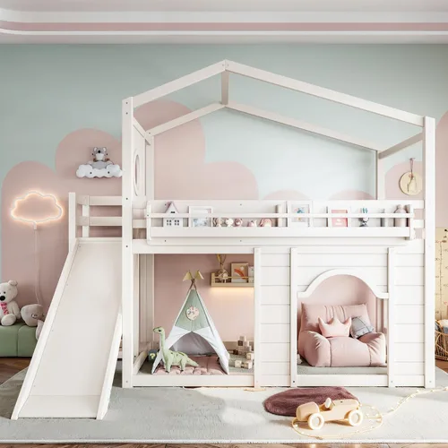 Vista 4 de Harper & Bright Designs Cama tipo loft para niños, tamaño individual, con armario y puerta arqueada, litera de casa con tobogán y estanterías