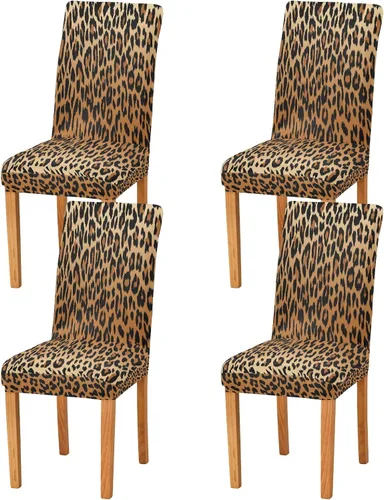 Vista 2 de Juego de 2 fundas elásticas para sillas de comedor con estampado de leopardo a la moda, fundas para sillas de cocina lavables, protector de asiento
